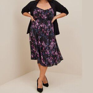 NWT Torrid Black Purple Blue Floral Midi Chiffon Pleated Sleeveless Pocket Dress